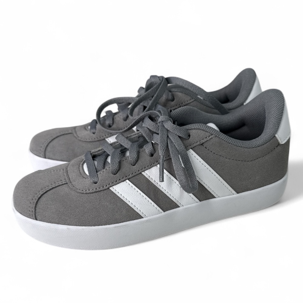 adidas VL Court 3.0 Kids' Tennis Shoes grey and white signature stripe sneakers